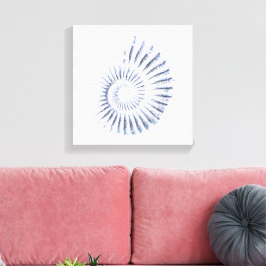 Ammonietblauw op wit Uitgerekt Canvas Print (Insitu (Woonkamer))