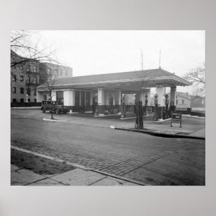 Amoco-benzinestation, 1925. Oude foto Poster