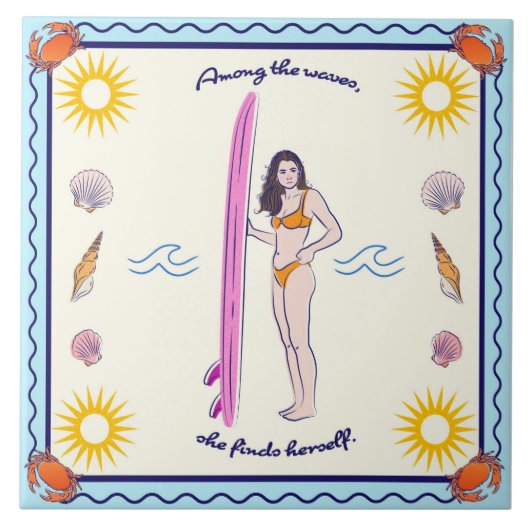 Among the waves, she finds herself. tegeltje (Voorkant)
