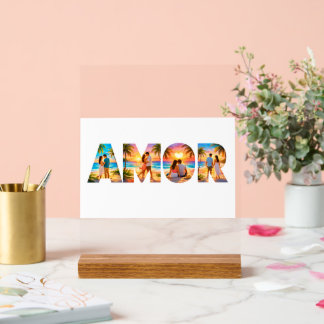 AMOR Acrylic Sign with Vibrant Beach Couples Acryl Bord