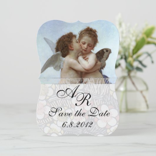 Amor en Psyche als Kinderen Trouwfeest Monogram Kaart (Staand voorkant)