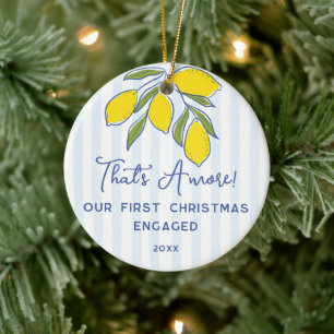 Amore Hand Getekende Citroenen Blauwe Strepen Huwe Keramisch Ornament