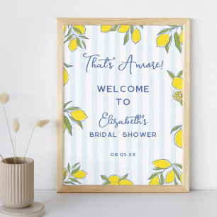 Amore met de hand getekende citroenen blauwe strep poster