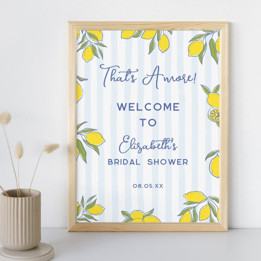 Amore met de hand getekende citroenen blauwe strep poster
