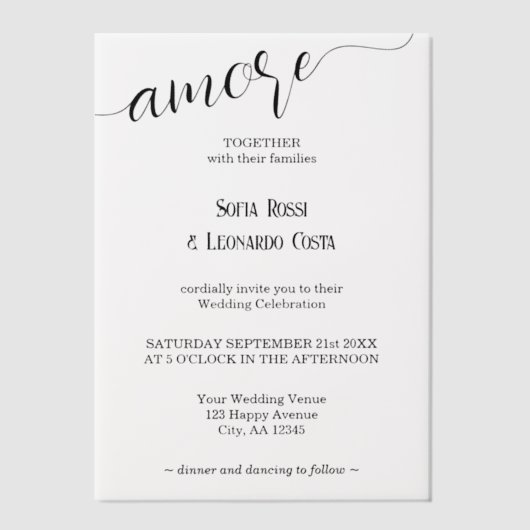 Amore Script Elegante Italiaanse bruiloft Vellum Uitnodigingen (Voorkant)