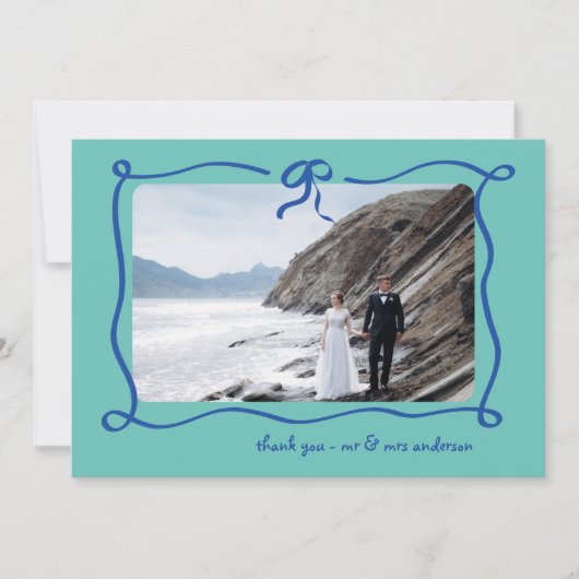 Amour | Blauw en Blauwgroen Frans Boog en Fotobrui Bedankkaart (Voorkant)