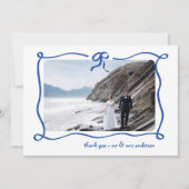 Amour | Blauw Frans strik en foto bruiloft Bedankkaart (Voorkant)
