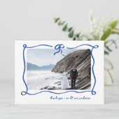 Amour | Blauw Frans strik en foto bruiloft Bedankkaart (Staand voorkant)