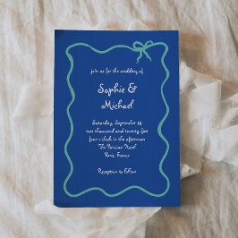 Amour | Blauw Wit en Blauwgroen Frans Bow Bruiloft Kaart