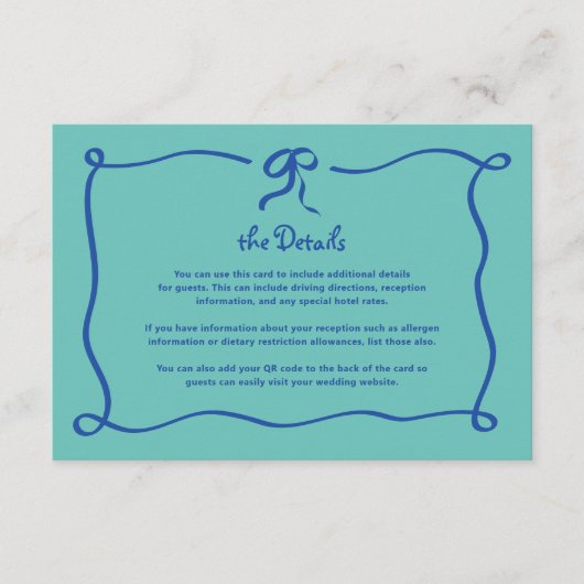 Amour | Blauwe en Blauwgroen Boog Bruiloft Details Informatiekaartje (Voorkant)