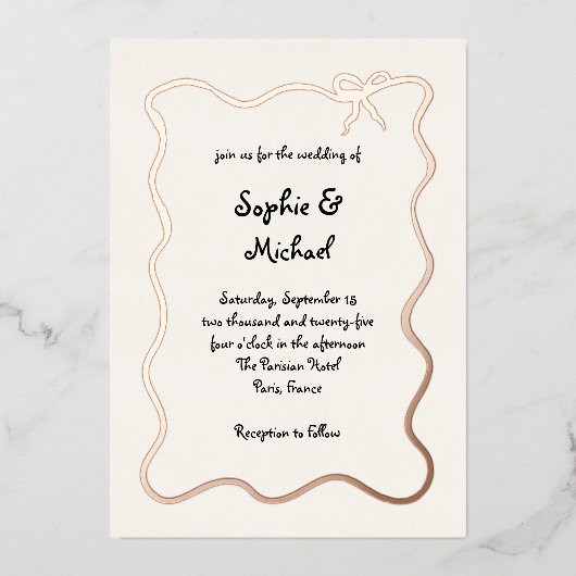 Amour | Geïllustreerde Franse strik bruiloft Roos  Folie Uitnodiging (Voorkant)