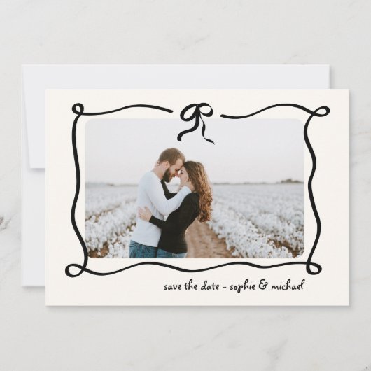 Amour | Geïllustreerde Franse strik en foto bruilo Save The Date (Voorkant)