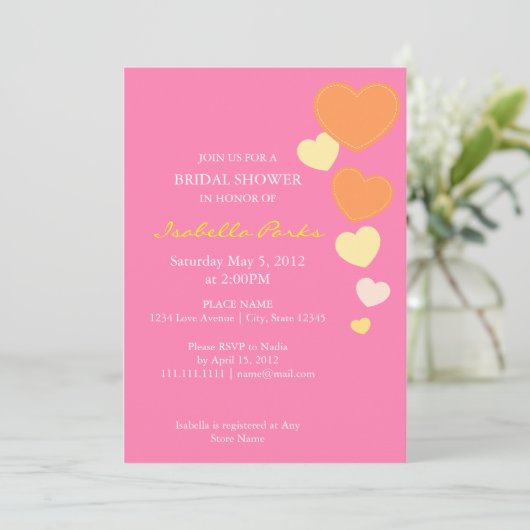 Amour Pink & Oranje Bridal Shower Uitnodiging 5 x (Staand voorkant)