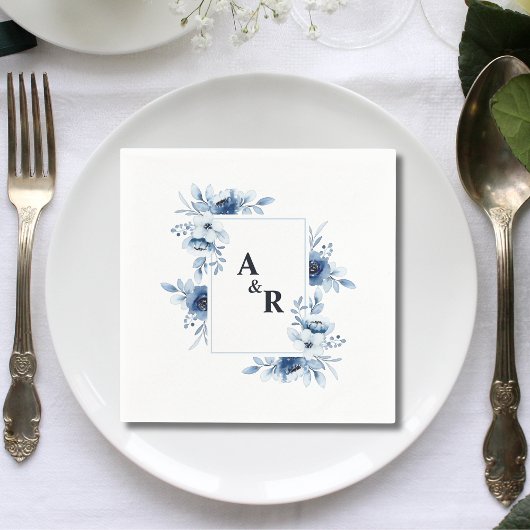 Ampersand Blue Floral paar Initialen bruiloft Servet