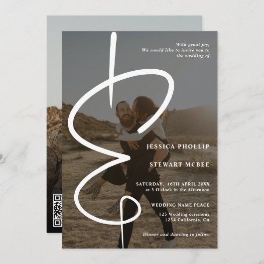Ampersand chic photokalligraphy Qr code bruiloft Kaart (Voorkant / Achterkant)