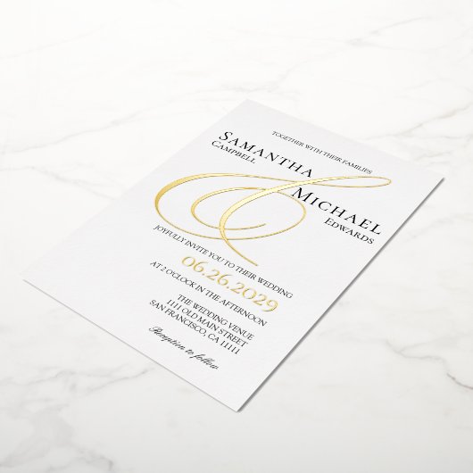 Ampersand Elegant Gouden en Witte Moderne Trouwkaa Folie Uitnodiging (Gedraaid)