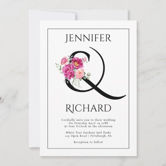 Ampersand en boeket van roze rozen QR bruiloft Kaart (Voorkant)