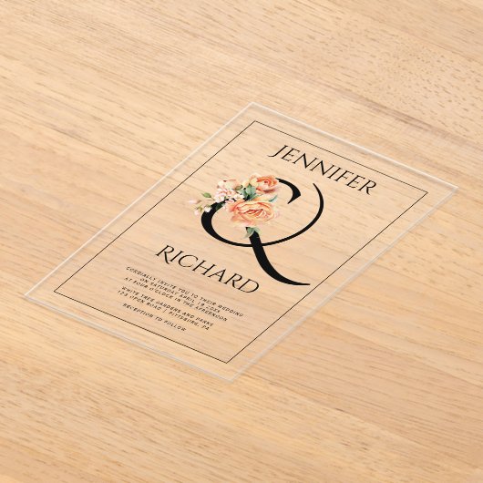 Ampersand en perzik pioenen bloemenbruiloft acryl uitnodigingen (Laagn)