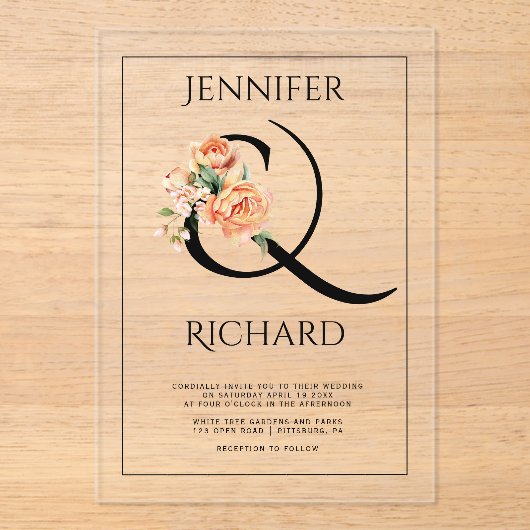 Ampersand en perzik pioenen bloemenbruiloft acryl uitnodigingen (Voorkant)