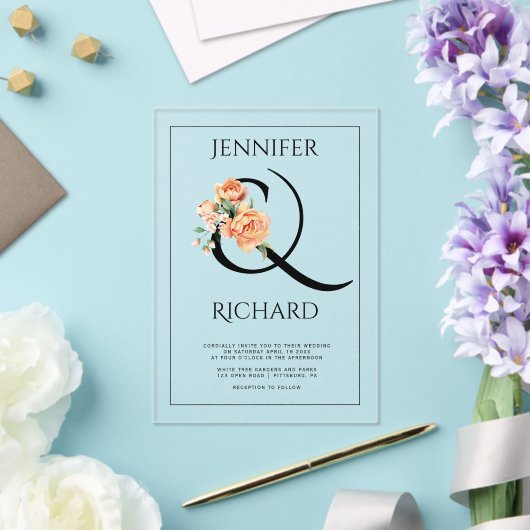 Ampersand en perzik pioenen bloemenbruiloft acryl uitnodigingen (Insitu (Huwelijk))