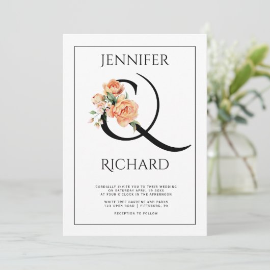 Ampersand en perzik pioenrozen QR bruiloft Kaart (Staand voorkant)