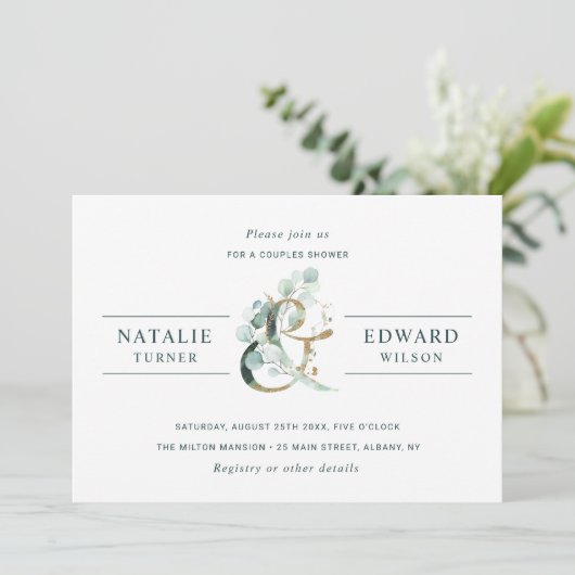 Ampersand Gold Greenery Wedding Couples Shower Kaart (Staand voorkant)