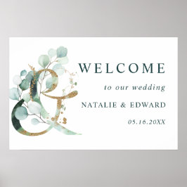 Ampersand Gold Greenery Wedding Welcome Sign Poster