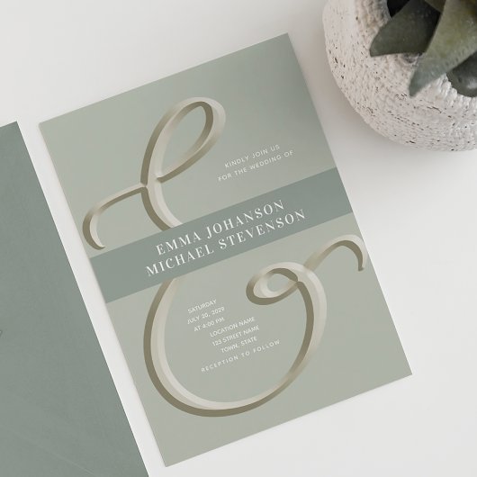 Ampersand Gold Sage Green Wedding Invitation Kaart