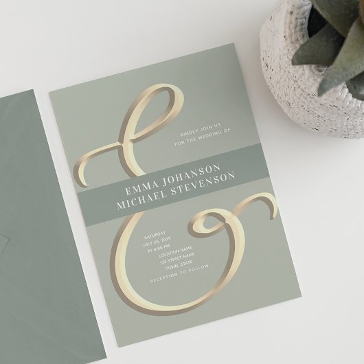 Ampersand Gold Sage Green Wedding Invitation Kaart