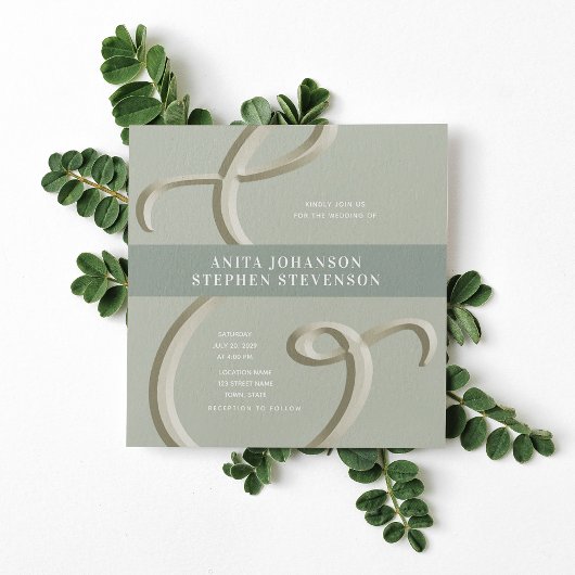 Ampersand Gold Sage Green Wedding Invitation Kaart