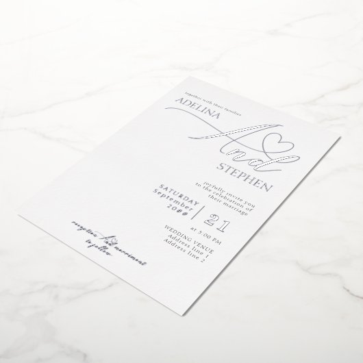 Ampersand Minimalistisch Elegant Script Wedding Si Folie Uitnodiging (Gedraaid)