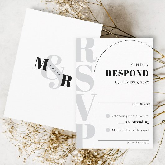 Ampersand Modern White Arch Wedding RSVP Kaart