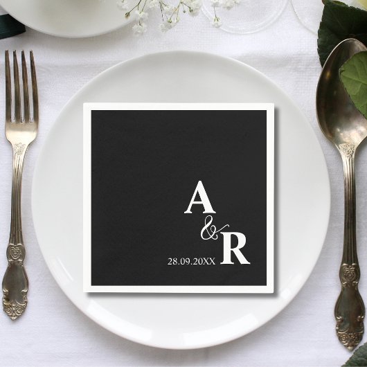 Ampersand Monogram Custom Black Wedding Cocktail Servet