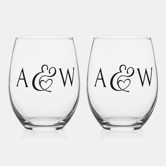 Ampersand Monogram Initialen Modern Chic Wedding Wijnglas Zonder Voet (Voorkant)