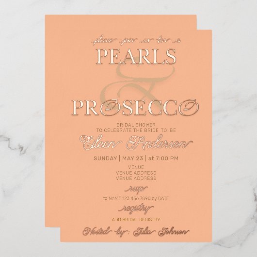 Ampersand Peach Fuzz Pearls Prosecco Vrijgezellenf Folie Uitnodiging (Voorkant / Achterkant)