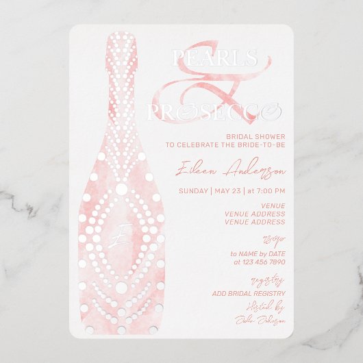 Ampersand Pearls & Prosecco Vrijgezellenfeest Zilv Folie Uitnodiging (Voorkant)