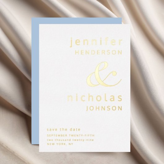Ampersand Powder Blue Wedding Save the Date Gold Folie Uitnodiging