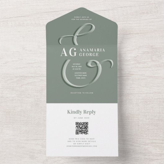 Ampersand Sage Green Weddenschap in één uitnodigin All In One Uitnodiging (Binnen)
