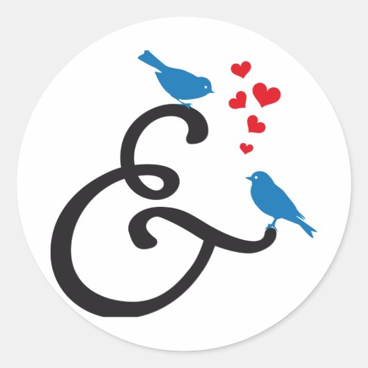 &, ampersand teken met blauwe vogels en rode harte ronde sticker (Voorkant)