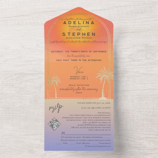 Ampersand Tropical Beach Sunset Palms RSVP QR Code All In One Uitnodiging (Binnen)