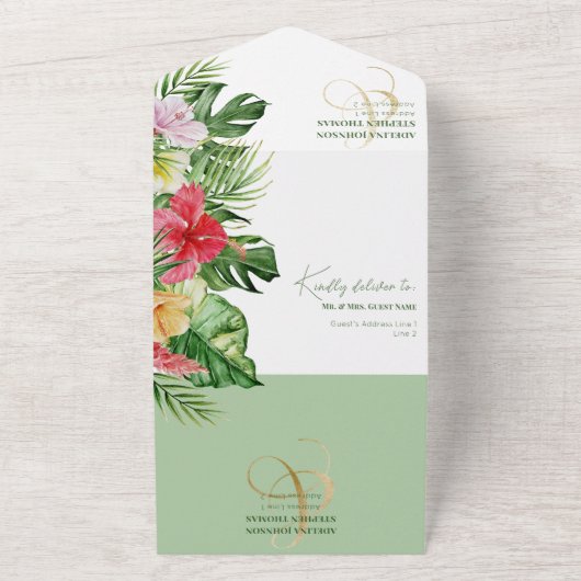 Ampersand Tropical Monstera Hibiscus RSVP QR Code All In One Uitnodiging (Buitenkant)