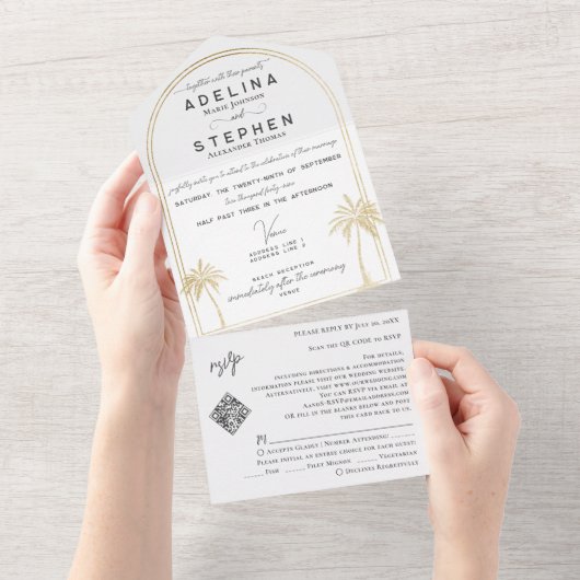 Ampersand Tropische Strand Palmen Bomen RSVP QR Co All In One Uitnodiging (Afscheurbaar)