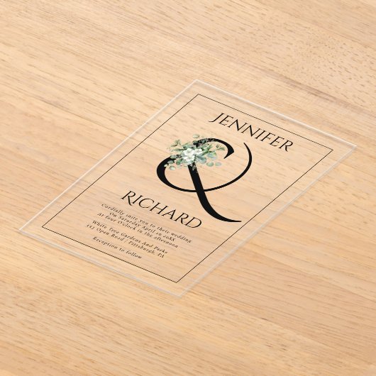 Ampersand, witte bloemen en eucalyptus bruiloft acryl uitnodigingen (Laagn)