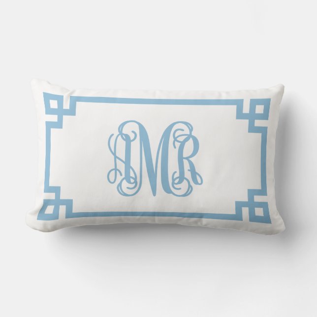 AMR Sky Blue Greek Key Script Monogram Kussen (Voorkant)