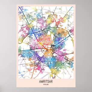 Amritsar Punjab Stad Kaart Poster