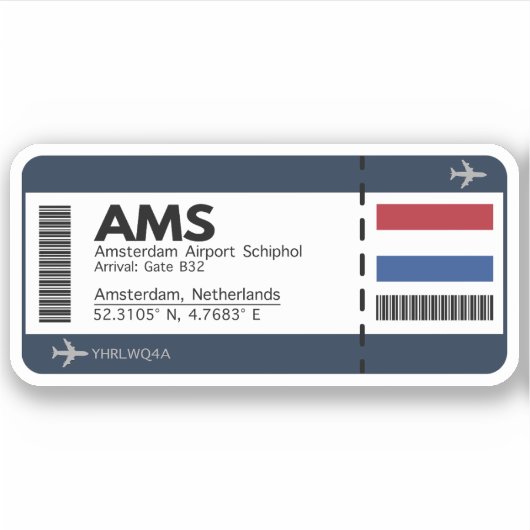 AMS Amsterdam Boarding Pass - Airport Ticket Sticker (Voorkant)