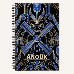Amsterdam Art Deco Windmolens Aangepaste Naam Notitieboek