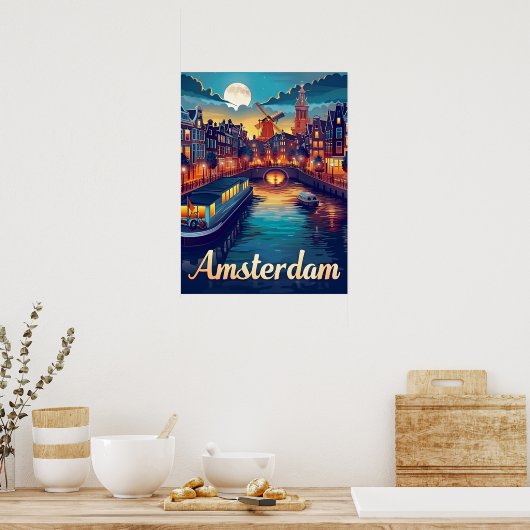 Amsterdam bij nacht poster (Keuken)