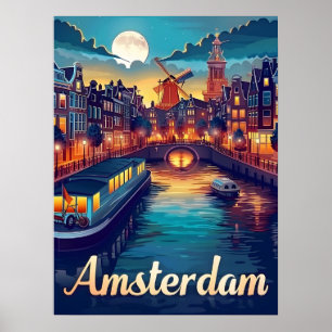 Amsterdam bij nacht poster