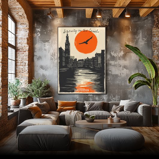 Amsterdam bij schemering - Minimalistische kanaalr Poster